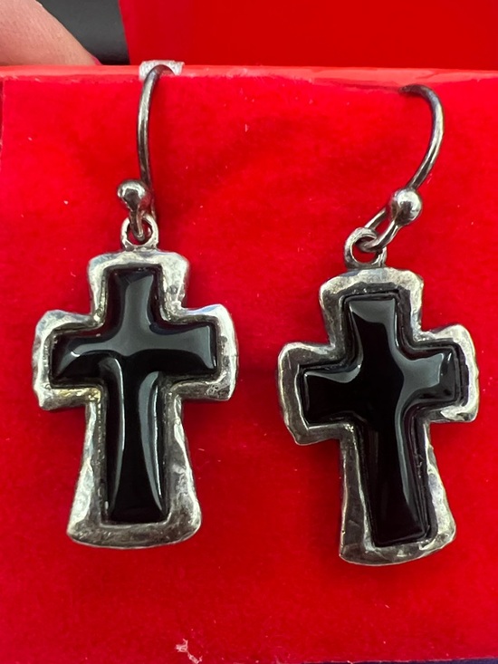 925 Sterling Silver Jewelry - Sterling Silver 925 Black Cross Dangle Earrings